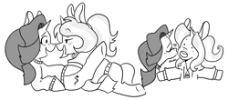 Size: 1988x876 | Tagged: safe, artist:kikomanlet, starlight glimmer, trixie, pony, unicorn, g4, blushing, cheek kiss, clothes, duo, female, hoodie, kissing, lesbian, looking at each other, lying down, mare, monochrome, ship:startrix, shipping, smooch, sweater