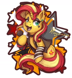 Size: 2500x2700 | Tagged: safe, artist:pingwinowa, sunset shimmer, pony, unicorn, g4, ear piercing, female, hard rock, high res, mare, music, open mouth, piercing, punk, punkset shimmer, rock (music), simple background, solo, stars, tongue piercing, white background