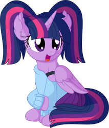 Size: 6190x7263 | Tagged: safe, artist:cyanlightning, twilight sparkle, alicorn, pony, g4, .svg available, alternate hairstyle, clothes, cute, ear fluff, female, folded wings, mare, off shoulder, off shoulder sweater, open mouth, pigtails, simple background, sitting, skirt, solo, sweater, transparent background, twiabetes, twigtails, twilight sparkle (alicorn), twintails, vector, wings