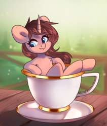 Size: 1496x1772 | Tagged: safe, artist:sugarstar, oc, oc only, oc:morning coffee, pony, unicorn, rcf community, cup, cup of pony, cute, female, gilded, gold rims, horn, looking away, mare, micro, saucer, sitting
