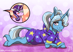 Size: 1219x876 | Tagged: safe, artist:inuhoshi-to-darkpen, starlight glimmer, trixie, pony, unicorn, babysitter trixie, blush sticker, blushing, clothes, ear fluff, female, gameloft, gameloft interpretation, heart, hoodie, hoof fluff, implied lesbian, implied shipping, implied startrix, leonine tail, looking at you, mare, open mouth, pigtails, prone, twintails, unshorn fetlocks
