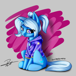 Size: 3300x3300 | Tagged: safe, artist:supermoix, trixie, pony, unicorn, abstract background, babysitter trixie, clothes, female, gameloft, gameloft interpretation, high res, hoodie, mare, pigtails, ponytail, sitting, solo