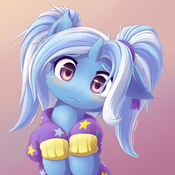 Size: 1400x1400 | Tagged: safe, artist:symbianl, trixie, pony, unicorn, :3, alternate hairstyle, babysitter trixie, behaving like a cat, blushing, cheek fluff, cute, diatrixes, ear fluff, female, gameloft, gameloft interpretation, hooves to the chest, leg fluff, looking at you, mare, one ear down, pigtails, solo, symbianl is trying to murder us