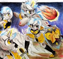 Size: 2464x2322 | Tagged: safe, artist:liaaqila, oc, oc only, pony, unicorn, equestria girls, g4, blood, commission, female, high res, male, traditional art