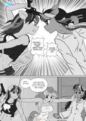 Size: 1200x1697 | Tagged: safe, artist:pia-sama, pinkie pie, rainbow dash, twilight sparkle, earth pony, pegasus, unicorn, anthro, comic:rogue diamond, g4, apron, chopsticks, clothes, female, gun, handgun, looking at each other, mare, monochrome, naked apron, pajamas, weapon