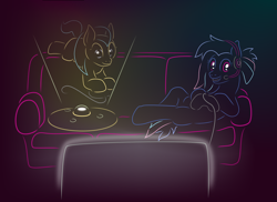 Size: 1100x800 | Tagged: safe, artist:quint-t-w, oc, oc only, oc:bit rate, oc:neural net, earth pony, pony, controller, couch, dexterous hooves, female, gradient background, headphones, hologram, looking at you, mascot, minimalist, modern art, monitor, ponyfest, reclining, smiling, translucent mane
