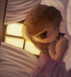 Size: 3200x3430 | Tagged: safe, artist:vultraz, octavia melody, earth pony, pony, g4, bed, blanket, curtains, female, high res, lying down, morning ponies, one eye closed, pillow, solo, sunlight, window