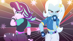 Size: 4000x2237 | Tagged: safe, artist:limedazzle, starlight glimmer, trixie, equestria girls, g4, anime, battle tendency, caesar zeppeli, clothes, duo, fingerless gloves, gloves, jojo pose, jojo's bizarre adventure, joseph joestar, looking at you, looking back, midriff, pants, pose, raised leg, reference, show accurate, watch