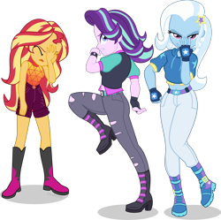 Size: 4579x4560 | Tagged: safe, artist:limedazzle, starlight glimmer, sunset shimmer, trixie, human, equestria girls, g4, absurd resolution, anime, battle tendency, belt, blue eyes, blue skin, boots, caesar zeppeli, clothes, eyes closed, facepalm, female, fingerless gloves, gloves, jeans, jojo pose, jojo reference, jojo's bizarre adventure, joseph joestar, magical trio, open mouth, pants, pose, purple eyes, purple skin, raised leg, reference, shoes, shorts, show accurate, simple background, sleeveless, sunset shimmer is not amused, transparent background, trio, trio female, unamused, watch, yellow skin