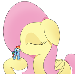 Size: 1631x1608 | Tagged: safe, artist:reconprobe, fluttershy, rainbow dash, pegasus, pony, g4, blushing, duo, female, floppy ears, giantess, kissing, lesbian, macro, micro, ship:flutterdash, shipping, simple background, size difference, transparent background