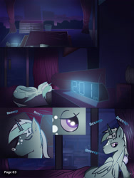 Size: 2601x3464 | Tagged: safe, artist:jesterpi, oc, oc:jester pi, comic:a jester's tale, alarm, bed, city, comic, flat, high res, hotel, lying on bed, manehattan, sleeping, snot bubble, text, waking up