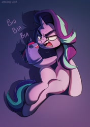 Size: 905x1280 | Tagged: safe, artist:hattiezazu, starlight glimmer, twilight sparkle, pony, unicorn, g4, angry, bitchlight glimmer, blah blah blah, female, mare, open mouth, sitting, sock puppet, solo, thick eyebrows