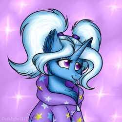 Size: 3500x3500 | Tagged: safe, artist:darklight1315, gameloft, trixie, pony, unicorn, g4, alternate hairstyle, babysitter trixie, clothes, cute, diatrixes, female, high res, hoodie, mare, oversized clothes, pigtails, solo, stars, twintails