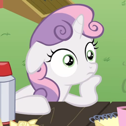 Size: 500x500 | Tagged: safe, screencap, sweetie belle, pony, unicorn, g4, ponyville confidential, season 2, cropped, female, filly, floppy ears, meme origin, reaction image, solo, sudden clarity sweetie belle, thinking