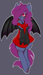 Size: 1111x1920 | Tagged: safe, artist:snow angel, oc, oc only, oc:ica, bat pony, anthro, unguligrade anthro, bat pony oc, bat wings, clothes, dark background, evening gloves, female, gloves, hair over one eye, long gloves, solo, spread wings, wings