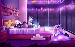 Size: 6666x4180 | Tagged: safe, artist:airiniblock, oc, oc only, oc:rouge, oc:spectral prism, bat pony, dolphin, pony, rcf community, absurd resolution, bat pony oc, bat wings, bed, bookshelf, chest fluff, computer, duo, female, laptop computer, mare, plushie, rain, star plushie, stars, string lights, window, wings