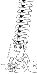 Size: 1080x2160 | Tagged: safe, artist:tjpones edits, edit, princess celestia, twilight sparkle, alicorn, pony, unicorn, g4, black and white, cowboy hat, duo, female, filly, grayscale, hat, hatception, impossibly many hats, mare, monochrome, ponies riding ponies, riding, role reversal, simple background, squatpony, towering pillar of hats, twiggie, weh, white background, yeehaw