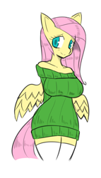 Size: 800x1400 | Tagged: safe, artist:tophattyranosaurusrex, fluttershy, pegasus, anthro, g4, arm behind back, big breasts, breasts, busty fluttershy, clothes, female, simple background, smiling, solo, sweater, sweatershy, white background