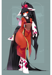 Size: 840x1200 | Tagged: safe, alternate version, artist:slugbox, oc, oc only, changeling, changeling queen, anthro, unguligrade anthro, abstract background, albino changeling, arm hooves, changeling queen oc, clothes, female, kimono (clothing), solo