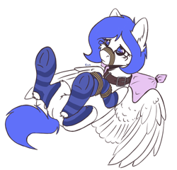 Size: 4064x3894 | Tagged: safe, artist:dorkmark, oc, oc only, pegasus, pony, bondage, butt, clothes, collar, female, fluffy, glasses, large wings, mare, on back, pillow, plot, simple background, socks, solo, spread wings, striped socks, white background, wings