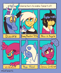 Size: 900x1075 | Tagged: safe, artist:mckabber, discord, absol, alien, cat, draconequus, human, g4, ben 10, blue flu, bust, chest fluff, crossover, danny phantom, fangs, limited palette, mega absol, nico di angelo, percy jackson and the olympians, pokémon, six fanarts, smiling, wildmutt