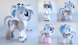 Size: 2000x1167 | Tagged: safe, artist:meplushyou, oc, oc only, oc:lynxie, earth pony, pony, clothes, coat markings, earth pony oc, irl, multiple views, pale belly, photo, plushie, pony plushie, socks, socks (coat markings)