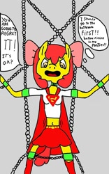 Size: 750x1200 | Tagged: safe, artist:php149, apple bloom, earth pony, anthro, g4, angry, bloomsub, bondage, chained, desperation, female, femsub, fetish, kryptonite, need to pee, potty time, shackles, submissive, superfilly
