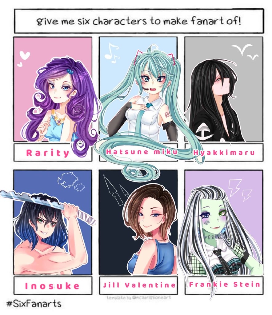 2361250 - safe, artist:pollaedraws, human, equestria girls, bust, clothes,  crossover, demon slayer, dororo, femboy, frankie stein, hashibira inosuke,  hatsune miku, headworn microphone, humanized, jill valentine, long hair,  male, monster high, necktie ...