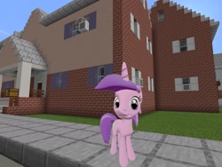 Size: 2048x1536 | Tagged: safe, artist:topsangtheman, amethyst star, sparkler, pony, unicorn, g4, 3d, female, house, looking at you, minecraft, photoshopped into minecraft, solo, source filmmaker