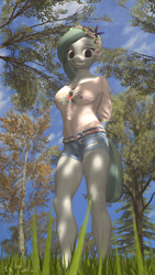 Size: 2160x3840 | Tagged: safe, artist:epsilonwolf, marble pie, earth pony, anthro, plantigrade anthro, g4, 3d, clothes, cute, female, floral head wreath, flower, grass, hands behind back, high res, jeans, looking at you, meadow, nexgen, pants, shirt, shorts, smiling at you, solo, source filmmaker, summer, sunglasses, tree