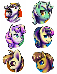 Size: 769x1000 | Tagged: safe, artist:tentabuddies-n-co, bon bon, bulk biceps, caramel, featherweight, lyra heartstrings, sweetie belle, sweetie drops, earth pony, pony, g4, background pony, bust, colored pupils, colt, female, filly, male, mare, open mouth, portrait, profile, simple background, stallion, white background