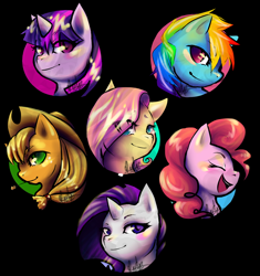 Size: 900x959 | Tagged: safe, artist:tentabuddies-n-co, applejack, fluttershy, pinkie pie, rainbow dash, rarity, twilight sparkle, pony, g4, black background, bust, colored pupils, eye clipping through hair, eyes closed, female, mane six, mare, open mouth, portrait, profile, simple background, straw in mouth