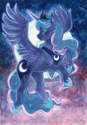 Size: 650x926 | Tagged: safe, artist:nekophoenix, princess luna, alicorn, pony, g4, copic, female, full moon, lidded eyes, mare, moon, night, signature, sky, smiling, solo, spread wings, traditional art, watercolor painting, wings