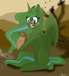 Size: 2500x2756 | Tagged: safe, artist:scribs, oc, oc only, oc:prepper, alicorn, cockroach, insect, pony, radroach, fallout equestria, artificial alicorn, blank flank, blushing, fallout, fallout equestria: prepper, fanfic art, green alicorn (fo:e), heart eyes, high res, love, wingding eyes