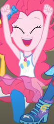 Size: 305x694 | Tagged: safe, screencap, pinkie pie, trixie, equestria girls, g4, my little pony equestria girls: better together, sock it to me, sock it to me: trixie, armpits, arms in the air, cheering, clothes, cropped, cute, diapinkes, eyes closed, female, geode of sugar bombs, magical geodes, offscreen character, open mouth, skirt, smiling
