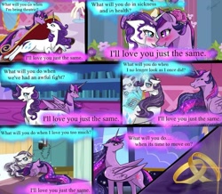 Size: 1024x891 | Tagged: safe, artist:thebrightesttwilight, rarity, twilight sparkle, alicorn, pony, unicorn, g4, the last problem, blushing, comic, crying, fainting couch, female, immortality blues, implied death, lesbian, lesbian wedding, marriage, older, older rarity, older twilight, older twilight sparkle (alicorn), princess twilight 2.0, ring, sad, ship:rarilight, shipping, tears of joy, teary eyes, twilight sparkle (alicorn), twilight will outlive her friends, wedding, wedding ring