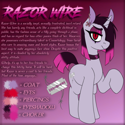 Size: 3450x3450 | Tagged: safe, artist:niggerdrawfag, oc, oc only, oc:razor wire, pony, unicorn, choker, dock, dyed mane, dyed tail, ear piercing, earring, eyeliner, eyeshadow, female, high res, horn, jewelry, looking at you, makeup, mare, piercing, raised hoof, slit pupils, solo, standing