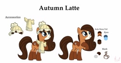 Size: 1280x665 | Tagged: safe, artist:mezairplush, oc, oc:autumn latte, earth pony, pony, base used, body markings, clothes, coat markings, color palette, cutie mark, dappled, hat, raised hoof, reference sheet, scarf, socks (coat markings)