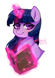 Size: 613x870 | Tagged: safe, artist:riukime, twilight sparkle, pony, g4, book, bust, female, glowing horn, horn, looking at you, magic, mare, signature, simple background, smiling, solo, telekinesis, white background
