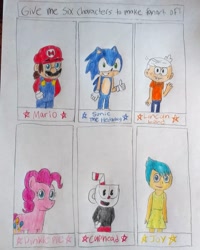 Size: 1080x1350 | Tagged: safe, artist:anaxdraws, pinkie pie, earth pony, hedgehog, human, pony, g4, crossover, cuphead, cuphead (character), disney, female, inside out, joy (inside out), lincoln loud, male, mare, mario, nintendo, sega, six fanarts, smiling, sonic the hedgehog, sonic the hedgehog (series), studio mdhr, super mario bros., the loud house, traditional art, waving