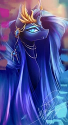 Size: 1024x1886 | Tagged: safe, artist:purediamond360, oc, oc only, oc:queen lahmia, changeling, changeling queen, abstract background, blue changeling, blue eyes, bust, changeling oc, changeling queen oc, crown, ear piercing, earring, fangs, female, glowing eyes, jewelry, looking at you, necklace, piercing, portrait, regalia, signature, solo