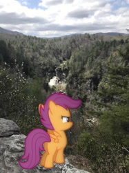 Size: 1242x1660 | Tagged: safe, photographer:undeadponysoldier, scootaloo, pegasus, pony, g4, cliff, cloud, female, filly, irl, linville falls, majestic, majestic as fuck, nature, outdoors, photo, ponies in real life, sky, solo, spread wings, tree, water, wings