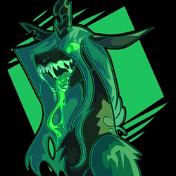 Size: 1000x1000 | Tagged: safe, artist:rockin_candies, queen chrysalis, changeling, changeling queen, g4, abstract background, drool, fangs, female, grin, horn, open mouth, smiling, solo, swirly eyes, tongue out