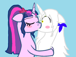 Size: 708x536 | Tagged: artist needed, safe, sci-twi, twilight sparkle, pony, unicorn, equestria girls, g4, blue background, crossover, crossover shipping, equestria girls ponified, female, fire emblem, kissing, lesbian, micaiah, micaiahtwi, ponified, shipping, simple background, species swap, unicorn sci-twi