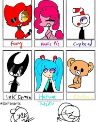 Size: 540x675 | Tagged: safe, artist:3pancutie2, pinkie pie, earth pony, human, pony, g4, animatronic, bendy and the ink machine, bust, crossover, cuphead, cuphead (character), eyepatch, female, five nights at freddy's, foxy, hatsune miku, ink demon, mare, six fanarts, studio mdhr, vocaloid