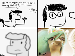 Size: 1600x1200 | Tagged: safe, artist:imalou, artist:moonahd, princess celestia, alicorn, pony, g4, before and after, creepy, cursed image, eyelashes, female, glasses, haha funny, looking at you, male, nightmare fuel, oc unknown, realistic, roommates, simple background, smuglestia, stallion