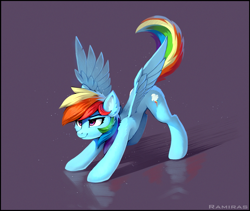 Size: 1587x1338 | Tagged: safe, artist:ramiras, artist:shuxer59, rainbow dash, pegasus, pony, g4, behaving like a cat, butt fluff, concave belly, cute, dashabetes, ear fluff, female, iwtcird, mare, meme, particles, raised tail, reflection, shoulder fluff, signature, simple background, slender, solo, spread wings, stretching, tail, thin, three quarter view, wings