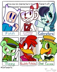 Size: 768x960 | Tagged: safe, artist:cess_maga, coloratura, bird, earth pony, pony, anthro, g4, adventure time, anthro with ponies, bowtie, bust, clothes, crossover, cuphead, cuphead (character), female, finn the human, flippy, happy tree friends, hat, jose carioca, knife, male, mare, one eye closed, panchito pistoles, six fanarts, smiling, the three caballeros, underhoof, wink