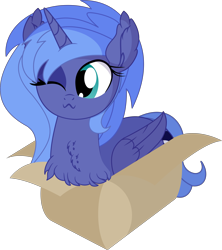 Size: 6248x7029 | Tagged: safe, artist:cyanlightning, princess luna, alicorn, pony, g4, .svg available, :3, absurd resolution, behaving like a cat, box, chest fluff, cute, ear fluff, female, if i fits i sits, lunabetes, mare, missing accessory, pony in a box, s1 luna, simple background, solo, transparent background, vector