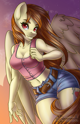 Size: 825x1275 | Tagged: safe, artist:bumblebun, oc, oc only, pegasus, anthro, belly button, belt, breasts, clothes, denim shorts, female, large wings, looking at you, mare, patreon, prize, red eyes, sexy, shorts, solo, tail, tank top, thighs, tomboy, watermark, wings